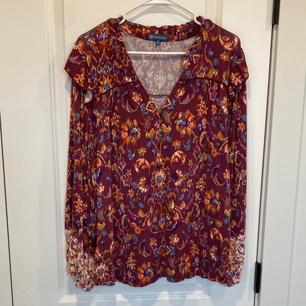 Democracy Maroon Floral V-Neck Blouse